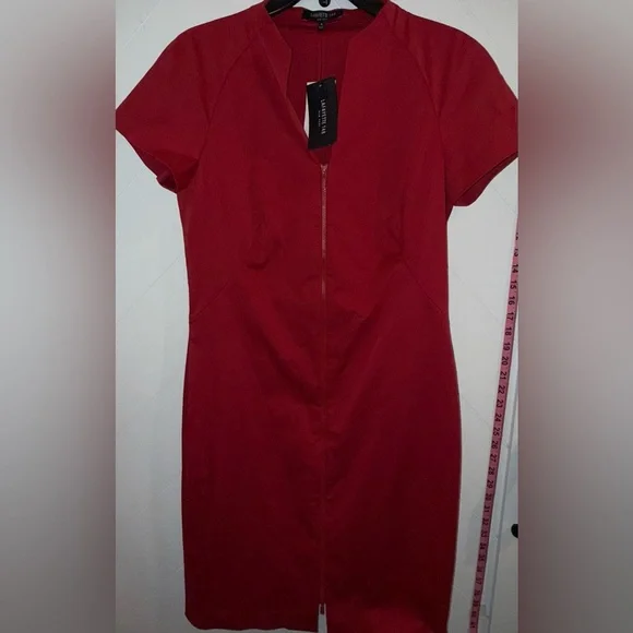 Lafayette 148 New York full Zip Front Midi Sheath Dress Ruby Red US 6 NWT $498
